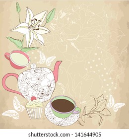 Vintage invitation. Tea time card design on aged background