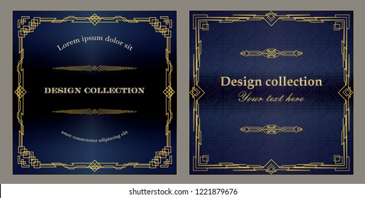 Vintage invitation template in art deco style on a dark blue background in a golden frame. JAPANESE FRAME ORNAMENT