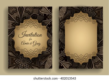 Vintage invitation template. Boho flower pattern, elegant badge, weave decorative border, text box, ribbon. Dark brown floral invite to wedding, birthday, anniversary. Luxury frame design element. A4