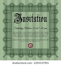 Vintage invitation template. Elegant design. Printer friendly. Vector illustration.  Green color.