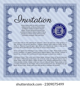 Vintage invitation template. Excellent design. With complex linear background. Customizable, Easy to edit and change colors.  Blue color.