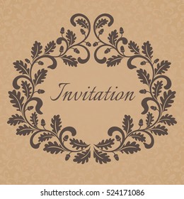 Vintage Invitation template. Frame decorated with oak leaves and acorns