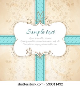 Vintage invitation template with frame text dotted ribbon on flowery natural seamless pattern vector illustration