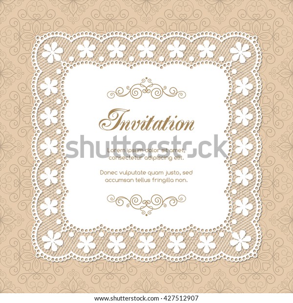 Vintage invitation template\
with lacy doily on seamless background. Retro style vector\
illustration