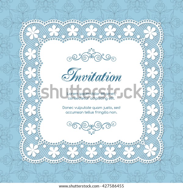 Vintage invitation template\
with lacy doily on seamless background. Retro style vector\
illustration