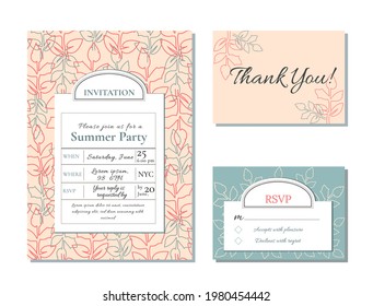 Vintage invitation template set. Old classic style. Design for wedding, greeting card, advertisement, label, poster or banner. Thank you card. RSVP