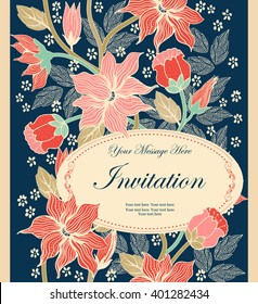 vintage invitation or wedding card with colorful floral pattern and oval frame