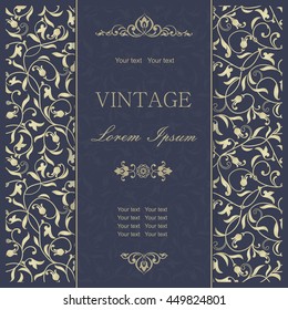  Vintage Invitation or wedding card with damask pattern and elegant floral elements in dark blue and gold