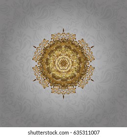 Vintage Invitation or wedding card with mandala pattern and elegant elements with gold gradient. Vector template greeting card, invitation and advertising banner, brochure on a gray background.