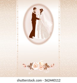 Vintage invitation to the wedding with a stylized lace. Bride and groom dancing.