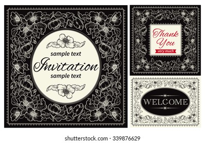 Vintage invitations and frames. Vector banners with floral pattern and  inscriptions  at retro style