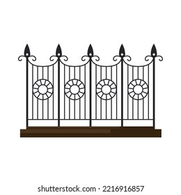 Vintage iron balcony railing or fence vector illustration. Old-fashioned wrought iron handrail or fence for stairs or terrace isolated on white background. Architecture, decoration concept