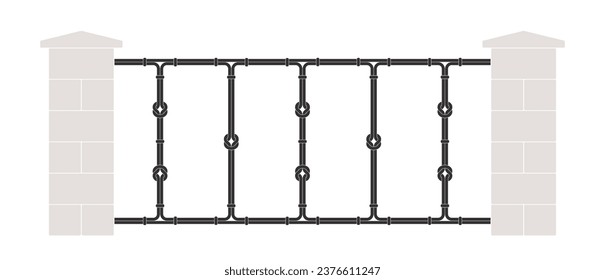 Vintage iron fence with bricks. Interweaving with knots. Isolated on white background.