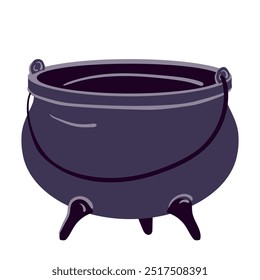 Vintage iron medieval cauldron on white background. Empty black pot for magic or witchcraft. Vector illustration. Attribute for Halloween isolated on white background.