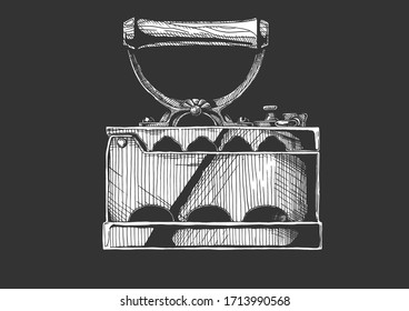 Vintage с la plancha. Ilustración de hierro a mano del vector. Aislado sobre fondo negro. Vista lateral.