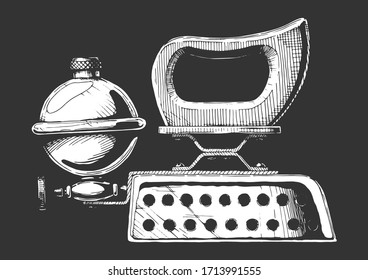 Vintage с la plancha. Ilustración de hierro de la gasolina dibujada a mano por vectores. Aislado sobre fondo negro. Vista lateral.