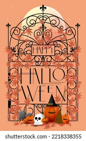 vintage iron wrought gate halloween greetings design template vector, illustration