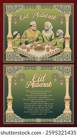 Vintage Islamic Eid Mubarak card with medieval floral green background, ornate decorations, and family iftar illustration. Perfect for Ramadan and Eid invitation, celebration, and festive design.