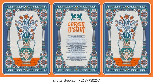 Vintage Islamic floral ornament with vase, blue birds, and arabesque frame. Ideal for book covers, menu, invitation, greeting card, or elegant labels with a medieval Eastern aesthetic.