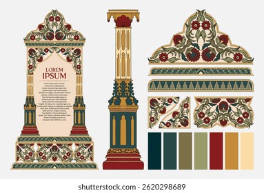 Vintage Islamic floral template with red, green, and gold colors. Perfect for invitations, greeting cards, book covers, labels, or background decoration with a medieval ornamental style.