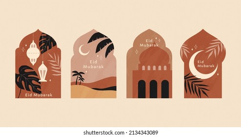 Vintage Islamischer Feiertagsaufkleber Set. Texturierte Illustrationen wie fangene Laterne, Wüstenlandschaft, Moschee-Silhouette und Halbmond.