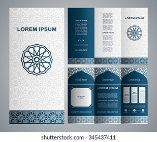 Vintage islamic style brochure and flyer design template with logo, creative art elements and ornament, page layouts, classic blue and white colors and artistic solutions for design and decoration