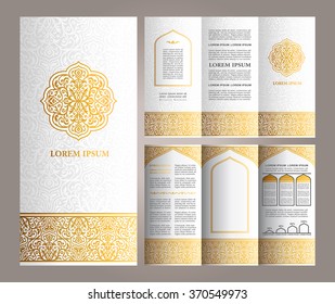 Vintage islamic style brochure and flyer design template with logo, creative art elements and ornament, page layouts, Luxury Gold and white colors and artistic solutions for design and decoration