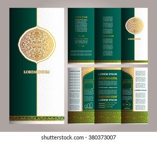 Vintage islamic style brochure and flyer design template with logo, creative art elements and ornament, page layouts, Luxury Gold and Green colors and artistic solutions for design and decoration