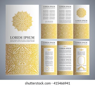 Vintage islamic style brochure and flyer design template with logo, creative art elements and ornament, page layouts, Luxury Gold and white colors and artistic solutions for design and decoration