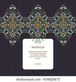 Vintage islamic style brochure.Vector decorative frame. Elegant element for design template, place for text.Floral border. Lace decor for birthday and greeting card, wedding invitation.