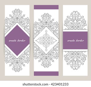 Vintage Islamic style brochure.Vector decorative frame. Elegant element for design template, place for text.Floral border. Lace decor for birthday and greeting card, wedding invitation.