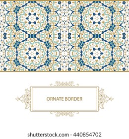 Vintage islamic style brochure.Vector decorative frame. Elegant seamless element for design template, place for text.Floral border. Lace decor for birthday and greeting card, wedding invitation.