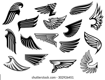 Vintage isolated heraldic wings set with detailed and abstract plumage, for tattoo or heraldry design