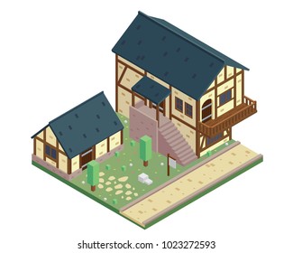 Vintage Isometric Medieval Historical Residential House Illustration In Isolated White Background