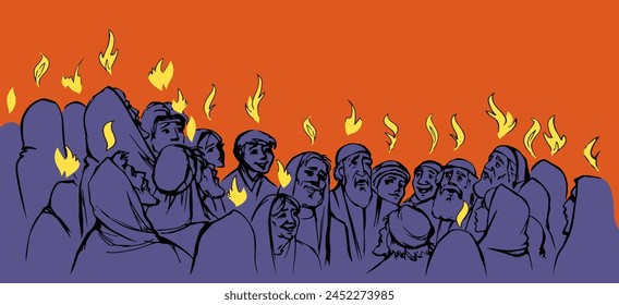 Vintage Israel age devot jewish act cathol human crowd girl happy joy thank bless glory lord Jesus Christ. Burn male dove hope new gift give gospel many tongu sign icon light event hand drawn art card