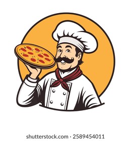 Vintage Italian Chef Pizza Logo – A classic and playful logo featuring a happy mustached chef in a traditional white uniform and hat, holding a delicious pepperoni pizza. 