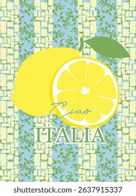 Vintage Italian lemon poster with blue tile pattern, Ciao Italia vector
