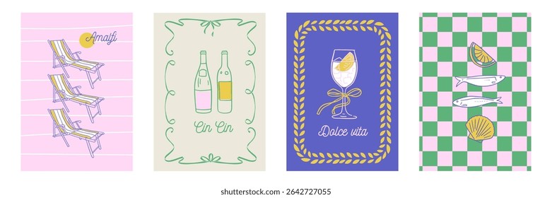 Cartazes minimalistas italianos vintage conjunto, design de cartões postais de viagem de arte de parede, cartões desenhados à mão de verão. Retro quadro ou design de elemento de borda, cenas elegantes ou Sicilia ou crachá amalfi com limões.