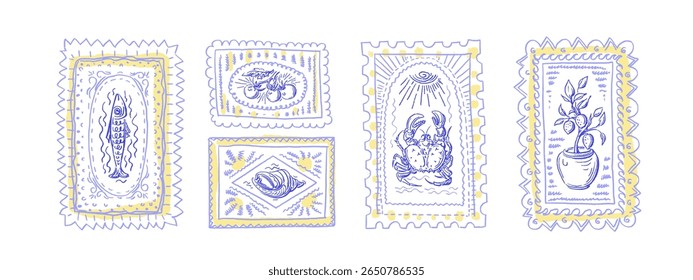 Vintage Italian print with lemons and sea shell, fish. Art travel postcard stamp. Vector summer engraving hand draw picture isolated on white bg. Retro frame, crayon border
