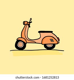 Vintage italian scooter motorcycle in orange color. Hand drawn doodle illustration.