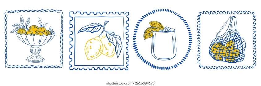 Vintage Italian summer vacation poster with lemons set. Hand drawn retro frame or border element design, elegant scenes or Sicilia or amalfi badge. Vector travel postcard stamp, summer engraving