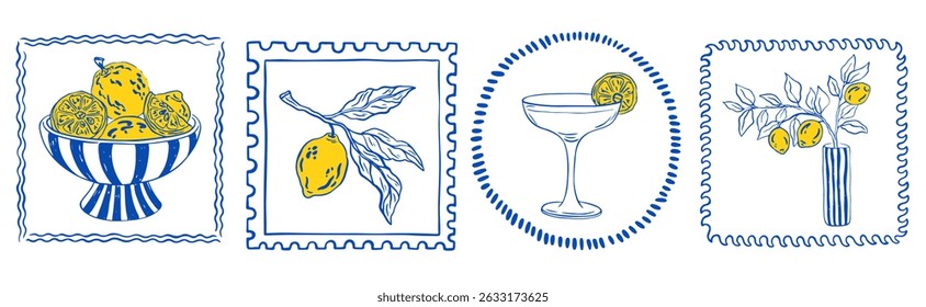 Vintage Italian summer vacation poster set. Hand drawn retro frame or border element design, elegant scenes or Sicilia or amalfi badge with lemons. Vector travel postcard stamp, summer engraving