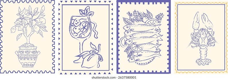 Vintage Italian travel print set with grunge postcard stamps. Retro summer wall art featuring Amalfi, Sicilia, lemons, and elegant engraving frame elements. Perfect for poster, placard, or background 