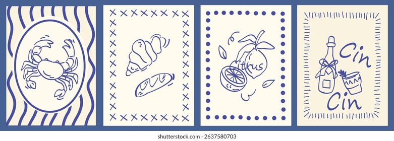 Vintage Italian travel print set with grunge postcard stamps. Retro summer wall art featuring Amalfi, Sicilia, lemons, and elegant engraving frame elements. Perfect for poster, placard, or background 