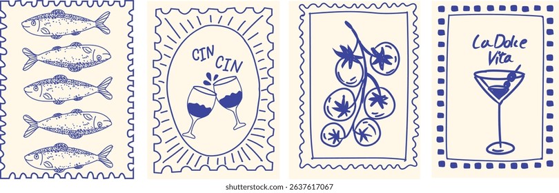 Vintage Italian travel print set with grunge postcard stamps. Retro summer wall art featuring Amalfi, Sicilia, lemons, and elegant engraving frame elements. Perfect for poster, placard, or background 