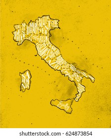 Vintage italy map with regions inscription sardinia, sicily, lazio, tuscany, liguria, marche, abruzzo, calabria, puglia, veneto, trentino, lombardy, marche drawing on yellow paper