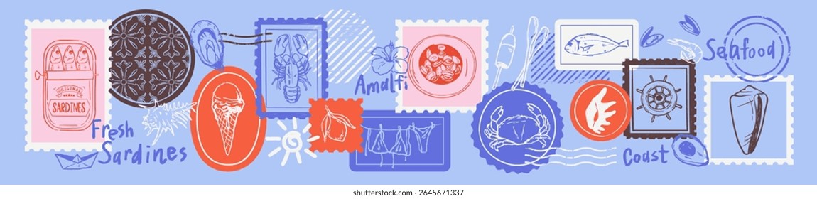 Vintage Italy Summer Stamps. Mediterranean illustration of sardines, lobster, crab, seashells, tile. Hand drawn logotype print element design. Amalfi vacation collage stickers. Chalk rough textured.	