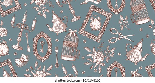 Vintage items candlestick, teapot, forks, spoons, frames, cage, scissors and flowers seamless pattern on a blue background to create wallpaper, packaging, fabric. Vector illustration.