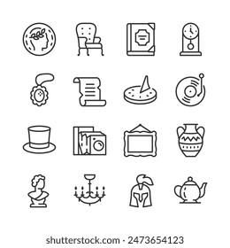 Vintage Items, icon set. Classic, historical objects. Antique Coin, Armchair, Clock, Jewelry, Vinyl Record, Cloth, Camera, Frame, Vase, Statue, Chandelier, Helmet, Teapot. Line with editable stroke