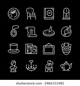 Vintage items, white line icons. Classic and historical objects such as antique coin, armchair, clock, vinyl record. Perfect for retro and collectible themes. black background. Editable stroke.